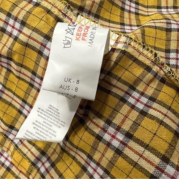 S/4  button down collar ruched check shirt in mustard chekered plaid yellow - Picture 7 of 8